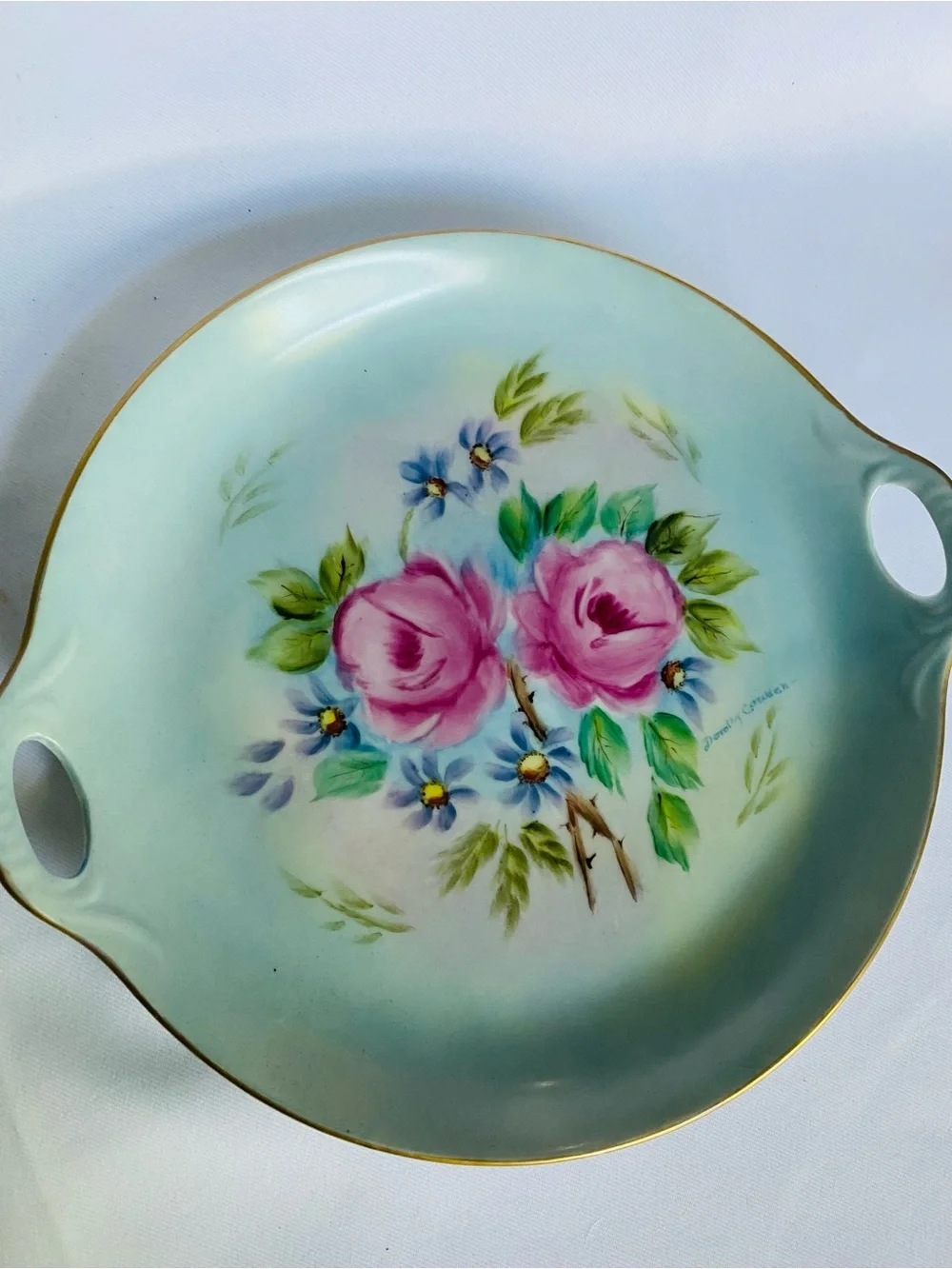 Antique Hand-Painted Porcelain cabinet plate Floral with Gold Trim Signed
